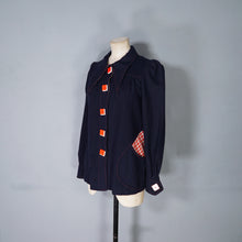 Load image into Gallery viewer, 70s BUS STOP NAVY BLUE PUFF SLEEVE SWING JACKET WITH ART DECO BUTTONS - S-M