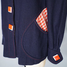 Load image into Gallery viewer, 70s BUS STOP NAVY BLUE PUFF SLEEVE SWING JACKET WITH ART DECO BUTTONS - S-M