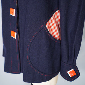 70s BUS STOP NAVY BLUE PUFF SLEEVE SWING JACKET WITH ART DECO BUTTONS - S-M