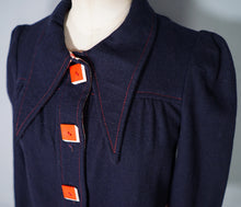 Load image into Gallery viewer, 70s BUS STOP NAVY BLUE PUFF SLEEVE SWING JACKET WITH ART DECO BUTTONS - S-M