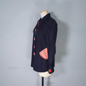 70s BUS STOP NAVY BLUE PUFF SLEEVE SWING JACKET WITH ART DECO BUTTONS - S-M