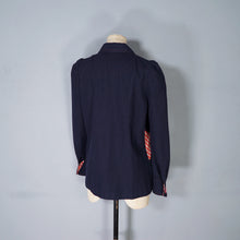 Load image into Gallery viewer, 70s BUS STOP NAVY BLUE PUFF SLEEVE SWING JACKET WITH ART DECO BUTTONS - S-M