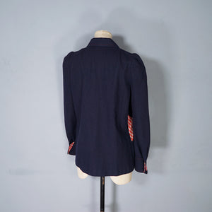 70s BUS STOP NAVY BLUE PUFF SLEEVE SWING JACKET WITH ART DECO BUTTONS - S-M