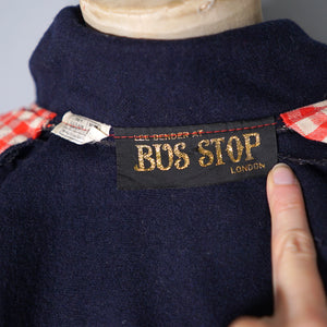70s BUS STOP NAVY BLUE PUFF SLEEVE SWING JACKET WITH ART DECO BUTTONS - S-M