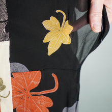 Load image into Gallery viewer, 70s ARISTOS BLACK AND CREAM AUTUMNAL LEAF PRINT CHIFFON MAXI DRESS - XS