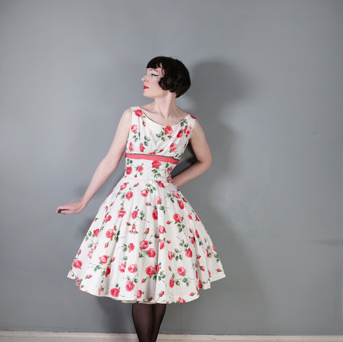 50s WHITE COTTON WITH PINK ROSE PRINT FULL SKIRTED SUMMER DAY DRESS - S