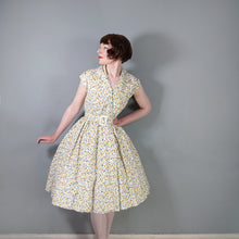 Load image into Gallery viewer, 50s "ARNISONS" YELLOW SMALL STEMMED ROSE PRINT WRAP DRESS WITH SASH BELT - S