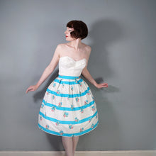 Load image into Gallery viewer, 50s 60s TURQUOISE AND WHITE FLORAL SKIRT AND BOLERO DRESS SET - S