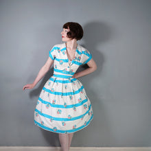 Load image into Gallery viewer, 50s 60s TURQUOISE AND WHITE FLORAL SKIRT AND BOLERO DRESS SET - S