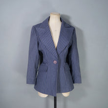 Load image into Gallery viewer, 70s DUSKY BLUE PINSTRIPE FITTED 3 PIECE SKIRT SUIT - S