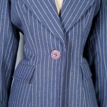 Load image into Gallery viewer, 70s DUSKY BLUE PINSTRIPE FITTED 3 PIECE SKIRT SUIT - S