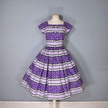 Load image into Gallery viewer, 50s VICTOR JOSSELYN PURPLE PRINT FULL SKIRTED COTTON DAY DRESS - S