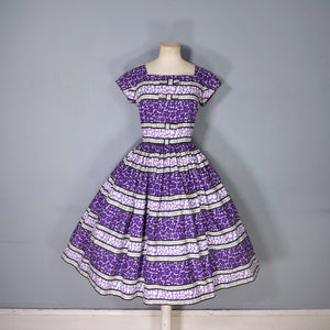 50s VICTOR JOSSELYN PURPLE PRINT FULL SKIRTED COTTON DAY DRESS - S