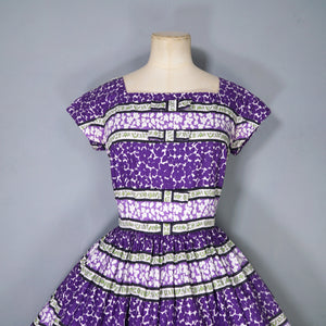 50s VICTOR JOSSELYN PURPLE PRINT FULL SKIRTED COTTON DAY DRESS - S