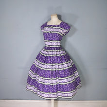 Load image into Gallery viewer, 50s VICTOR JOSSELYN PURPLE PRINT FULL SKIRTED COTTON DAY DRESS - S