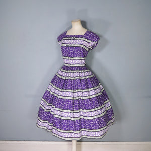 50s VICTOR JOSSELYN PURPLE PRINT FULL SKIRTED COTTON DAY DRESS - S