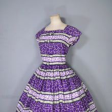Load image into Gallery viewer, 50s VICTOR JOSSELYN PURPLE PRINT FULL SKIRTED COTTON DAY DRESS - S