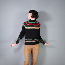 Load image into Gallery viewer, HANDKNITTED 60s FUZZY WOOL BLACK RED YELLOW AND GREE FAIRISLE JUMPER - S-M