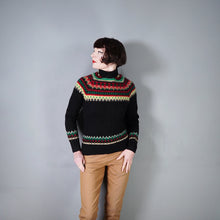 Load image into Gallery viewer, HANDKNITTED 60s FUZZY WOOL BLACK RED YELLOW AND GREE FAIRISLE JUMPER - S-M