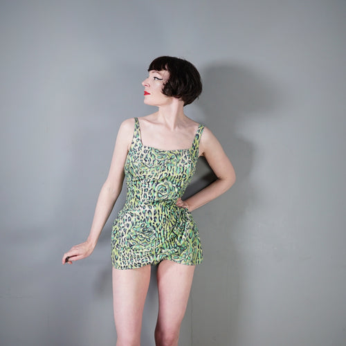 50s SLIX GREEN LEOPARD AND ROSE SARONG STYLE COTTON SWIMSUIT - L / volup