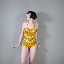 Load image into Gallery viewer, 50s GREEN, ORANGE AND YELLOW &quot;SWAN&quot; SHIRRED COTTON SWIMSUIT - S