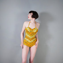 Load image into Gallery viewer, 50s GREEN, ORANGE AND YELLOW &quot;SWAN&quot; SHIRRED COTTON SWIMSUIT - S