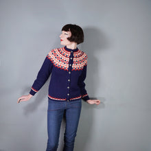 Load image into Gallery viewer, 70s BLUE RED AND WHITE NORWEGIAN &quot;SAGA KNIT&quot; HANDKNITTED WOOL CARDIGAN - M