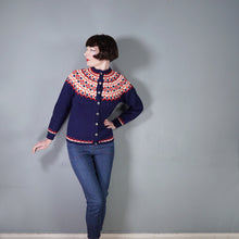 Load image into Gallery viewer, 70s BLUE RED AND WHITE NORWEGIAN &quot;SAGA KNIT&quot; HANDKNITTED WOOL CARDIGAN - M