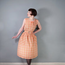 Load image into Gallery viewer, 60s PEACHY ORANGE CHECK PRINT COTTON DAY DRESS WITH BELT - S-M