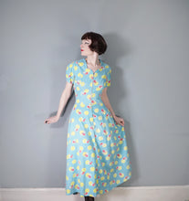 Load image into Gallery viewer, 40s TURQUOISE AND YELLOW PRINT ZIP FRONT COTTON HOUSE GOWN / DRESS - S