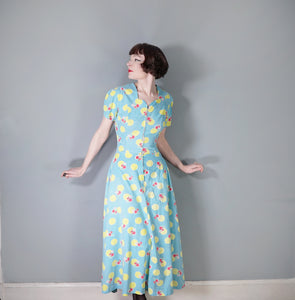 40s TURQUOISE AND YELLOW PRINT ZIP FRONT COTTON HOUSE GOWN / DRESS - S