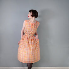 Load image into Gallery viewer, 60s PEACHY ORANGE CHECK PRINT COTTON DAY DRESS WITH BELT - S-M