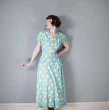 Load image into Gallery viewer, 40s TURQUOISE AND YELLOW PRINT ZIP FRONT COTTON HOUSE GOWN / DRESS - S