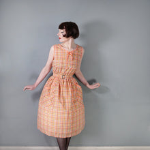 Load image into Gallery viewer, 60s PEACHY ORANGE CHECK PRINT COTTON DAY DRESS WITH BELT - S-M