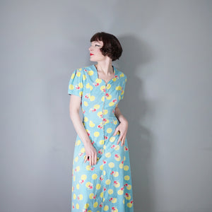 40s TURQUOISE AND YELLOW PRINT ZIP FRONT COTTON HOUSE GOWN / DRESS - S