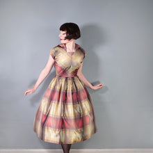 Load image into Gallery viewer, 50s GOLD AND DARK RED SHADOW PLAID / STRIPE FULL SKIRTED TAFFETA DRESS - S-M