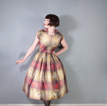 Load image into Gallery viewer, 50s GOLD AND DARK RED SHADOW PLAID / STRIPE FULL SKIRTED TAFFETA DRESS - S-M