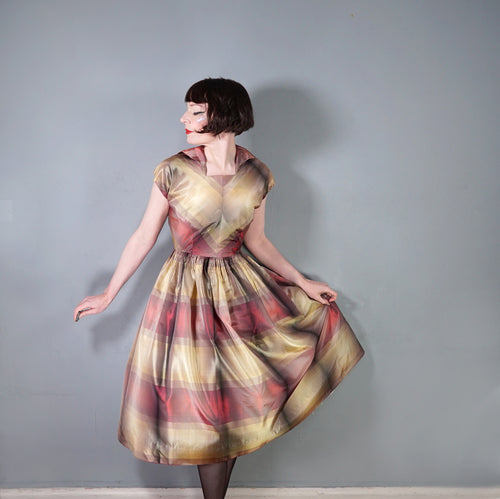 50s GOLD AND DARK RED SHADOW PLAID / STRIPE FULL SKIRTED TAFFETA DRESS - S-M