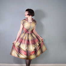 Load image into Gallery viewer, 50s GOLD AND DARK RED SHADOW PLAID / STRIPE FULL SKIRTED TAFFETA DRESS - S-M