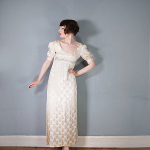 60s / 70s VIVIEN SMITH LADY FACE DAMASK FABRIC EMPIRE MAXI DRESS - XS
