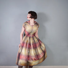 Load image into Gallery viewer, 50s GOLD AND DARK RED SHADOW PLAID / STRIPE FULL SKIRTED TAFFETA DRESS - S-M