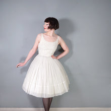 Load image into Gallery viewer, 50s 60s STRAPPY SHEER WHITE FULL SKIRTED PARTY DRESS WITH SEQUINS - XS
