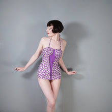 Load image into Gallery viewer, 50s SCOTCH WOOL SHOP PURPLE ROSE FLORAL PRINT SHIRRED SWIMSUIT - S