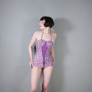 50s SCOTCH WOOL SHOP PURPLE ROSE FLORAL PRINT SHIRRED SWIMSUIT - S