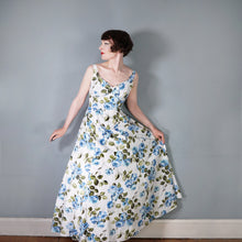 Load image into Gallery viewer, 50s 60s PAINTERY BLUE ROSE PRINT EMPIRE MAXI DRES WITH DRAPED BACK - S