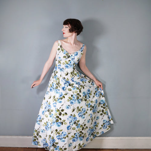 50s 60s PAINTERY BLUE ROSE PRINT EMPIRE MAXI DRES WITH DRAPED BACK - S