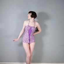 Load image into Gallery viewer, 50s SCOTCH WOOL SHOP PURPLE ROSE FLORAL PRINT SHIRRED SWIMSUIT - S
