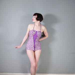 50s SCOTCH WOOL SHOP PURPLE ROSE FLORAL PRINT SHIRRED SWIMSUIT - S