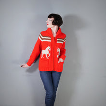Load image into Gallery viewer, BRIGHT RED EQUESTRIAN HORSE INTARSIA CHUNKY WOOL KNIT COWICHAN CARDIGAN - M-L