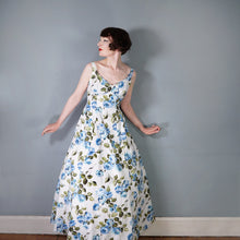 Load image into Gallery viewer, 50s 60s PAINTERY BLUE ROSE PRINT EMPIRE MAXI DRES WITH DRAPED BACK - S